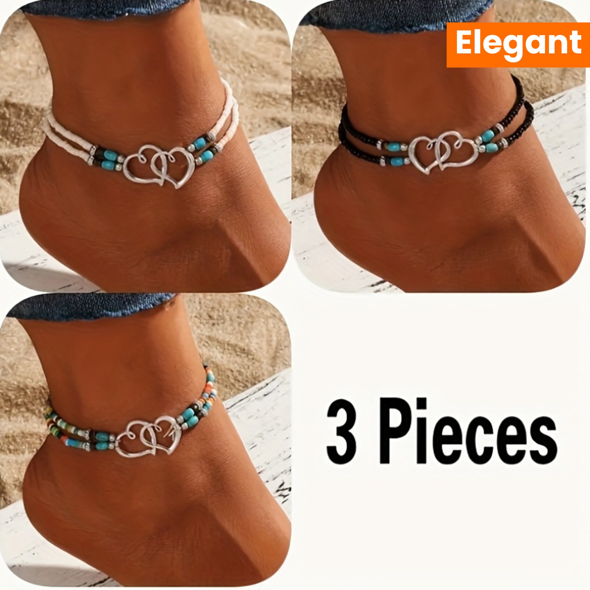 Boho Crystal Beaded Anklet Set - 3 Piece Elastic Ankle Bracelets